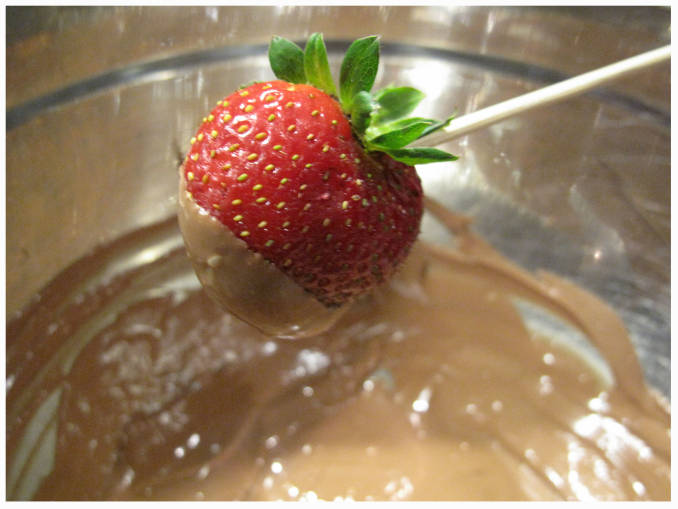 Dipping strawberries in milk chocolate