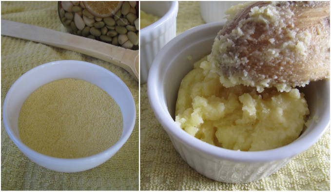 Raw corn flour (left) and finished polenta being put into ramekins to firm up (right)