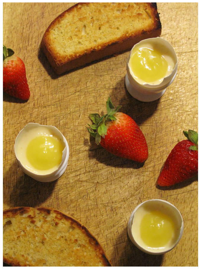Trompe l'oeil "eggs and toast" with Meyer lemon pudding, lemon curd, and cinnamon cake