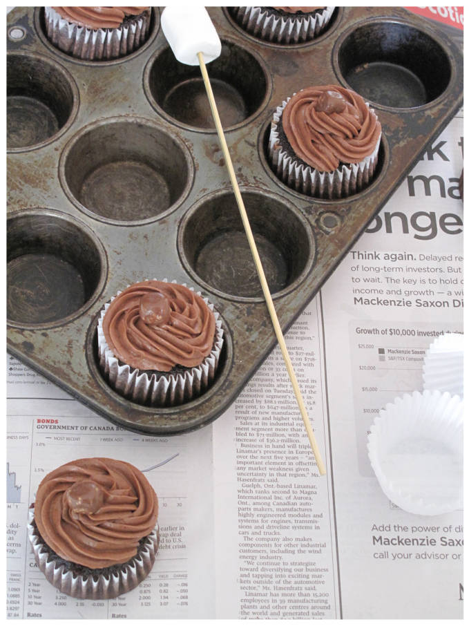 Pan of chocolate-marshmallow cupcakes