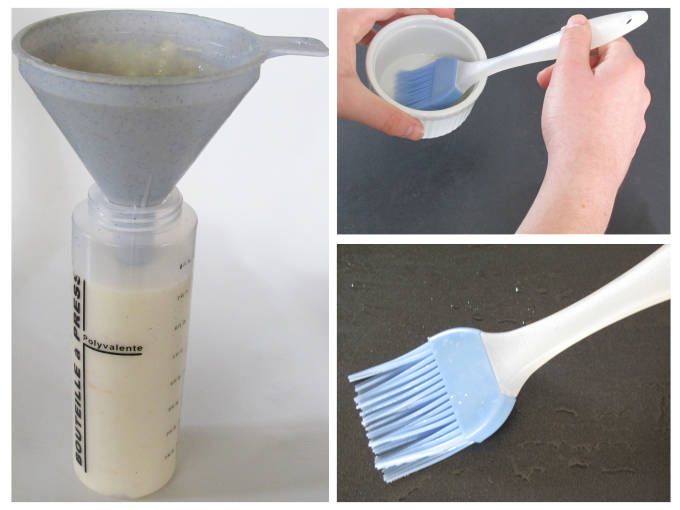 Pouring pancake batter into a squeeze bottle (left) and greasing the griddle (right)