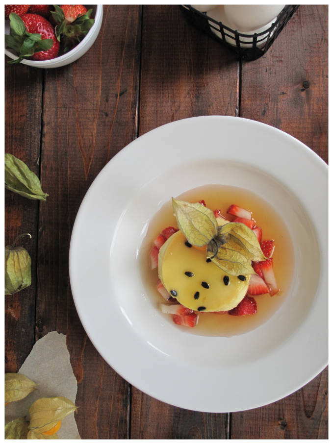 Passion fruit crème caramel with physalis fruit