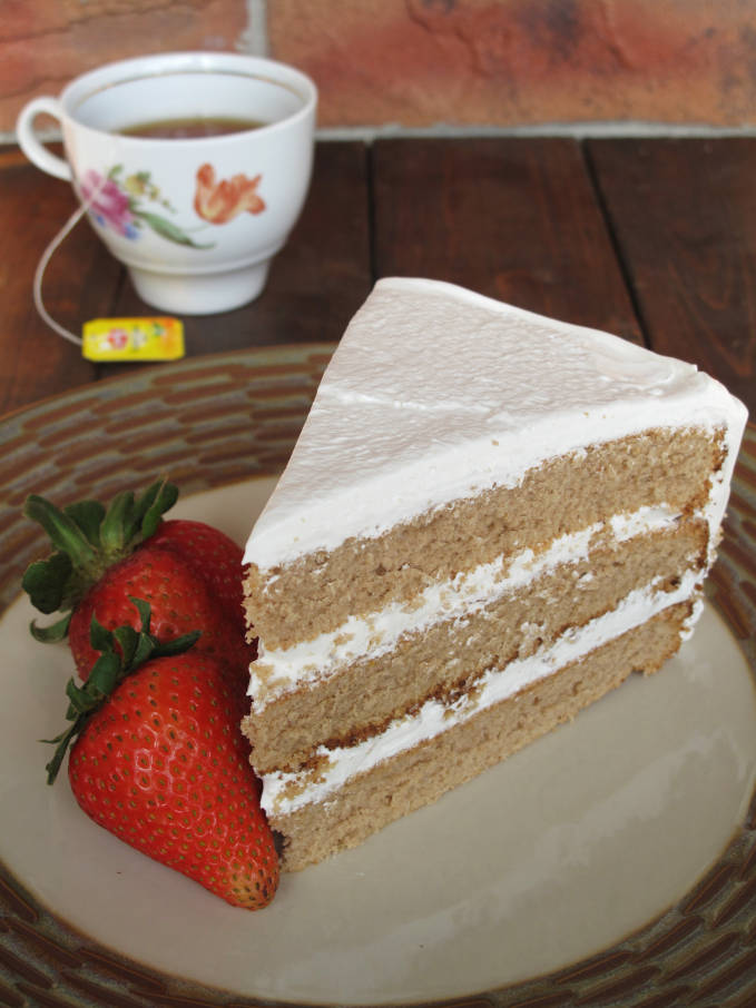 Earl Grey chiffon cake with maple meringue and strawberries