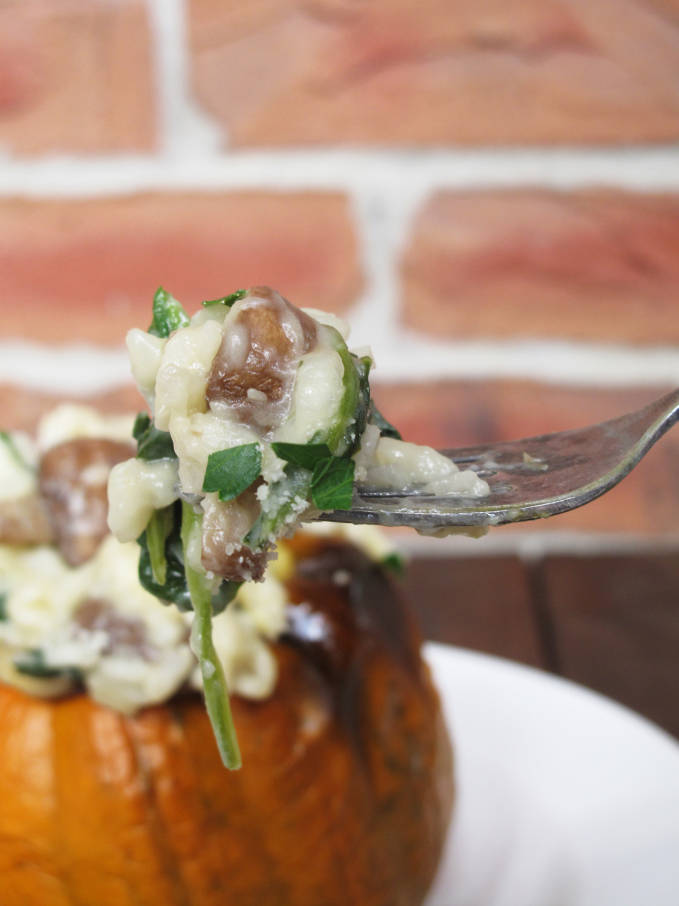 A forkful of mushroom and spinach risotto
