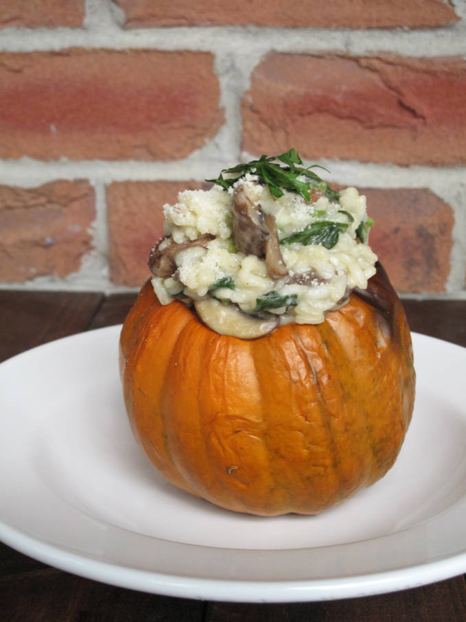 Cremini mushroom and spinach risotto in acorn squash bowls