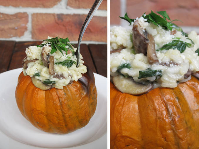 Cremini mushroom and spinach risotto in squash bowls