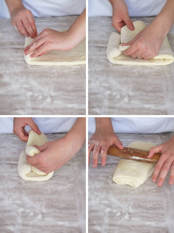 A book turn or second turn of puff pastry or croissant dough