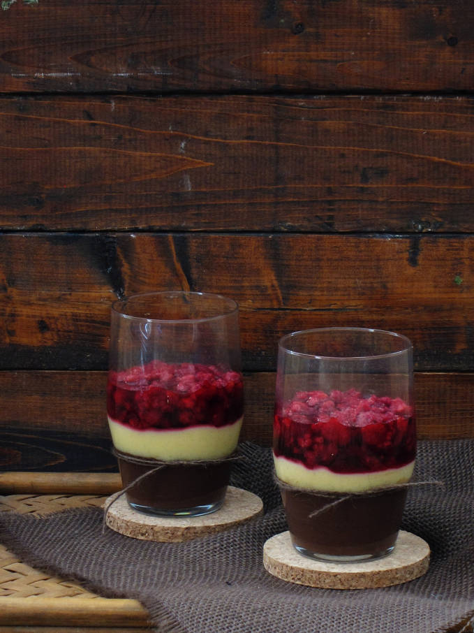 Dark chocolate and vanilla pudding topped off with sour raspberry compote