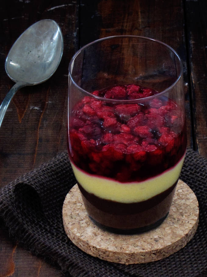 Dark chocolate and vanilla pudding topped off with sour raspberry compote