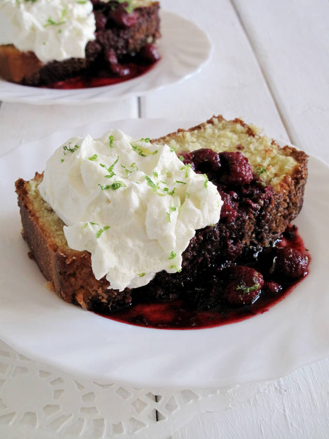 Coconut bread with raspberry-lime compote and fresh whipped cream