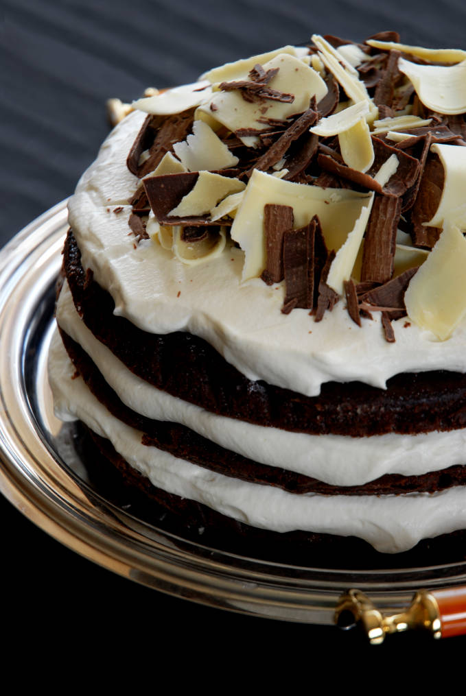 Chocolate cake with spiked whipped cream. Make your own at home--click for the recipe!