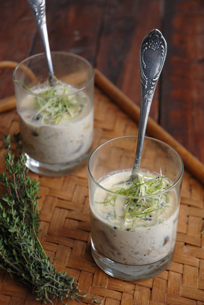 Cream of mushroom soup with leeks and cremini mushrooms, topped with baby onion sprouts. The MOST AMAZING mushroom soup you will ever have, guaranteed. Click for the recipe.