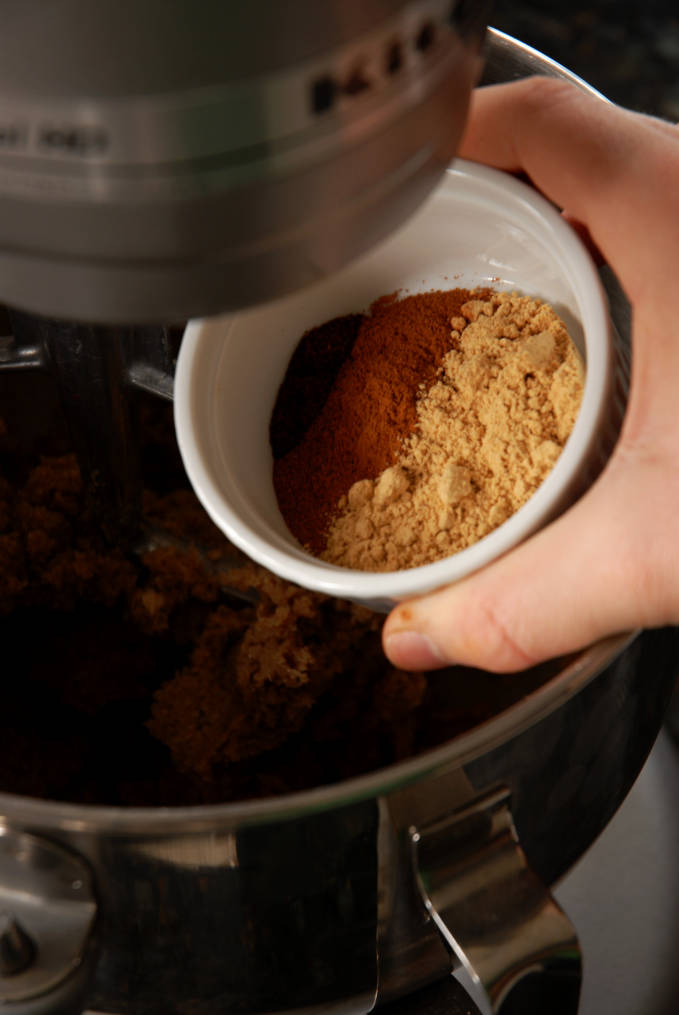 Cinnamon, ginger, nutmeg, and cloves going into gingerbread dough. Click for a full photo tutorial on how to make amazing gingerbread! Perfect for the holidays #christmas