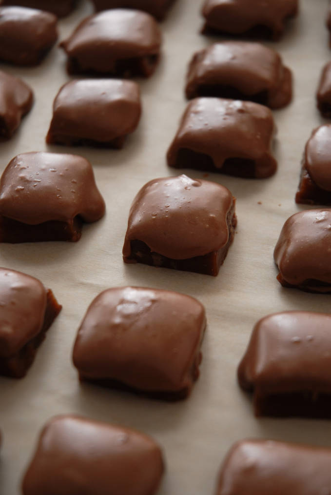 Homemade Mars bars prior to dipping: chewy caramel and soft chocolate nougat