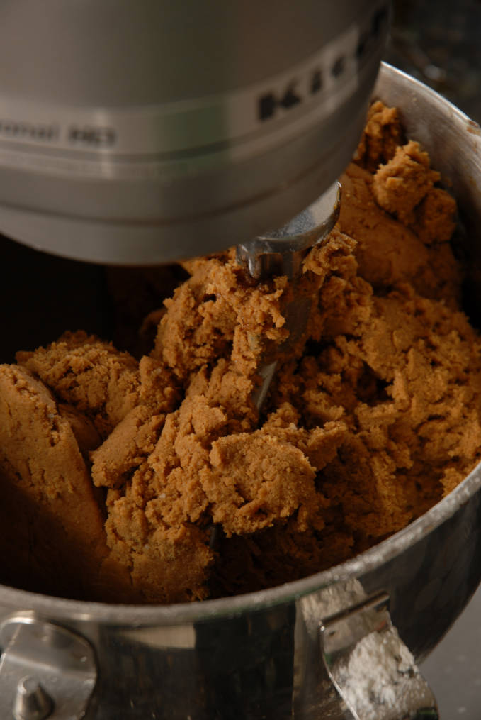 Finished gingerbread cookie dough. Mixing flour into wet gingerbread dough. Adding flour to gingerbread dough. Click for a full photo tutorial on how to make amazing gingerbread! Perfect for the holidays #christmas