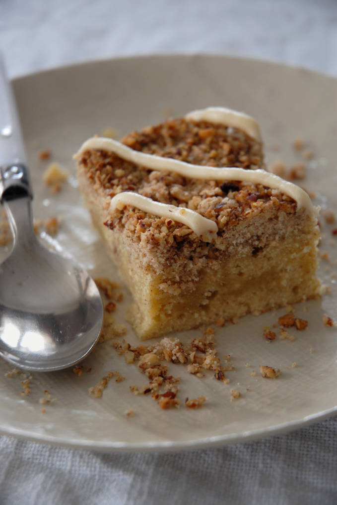 Cinnamon swirl coffee cake with cream cheese icing and pecans. The MOST AMAZING coffee cake ever! Click to get the recipe.