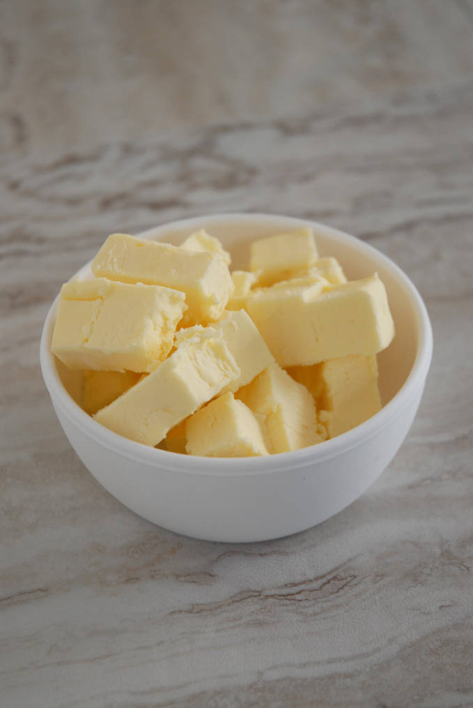 A bowl of butter--click to get instructions on how to make PERFECT PIE & TART DOUGH every time!