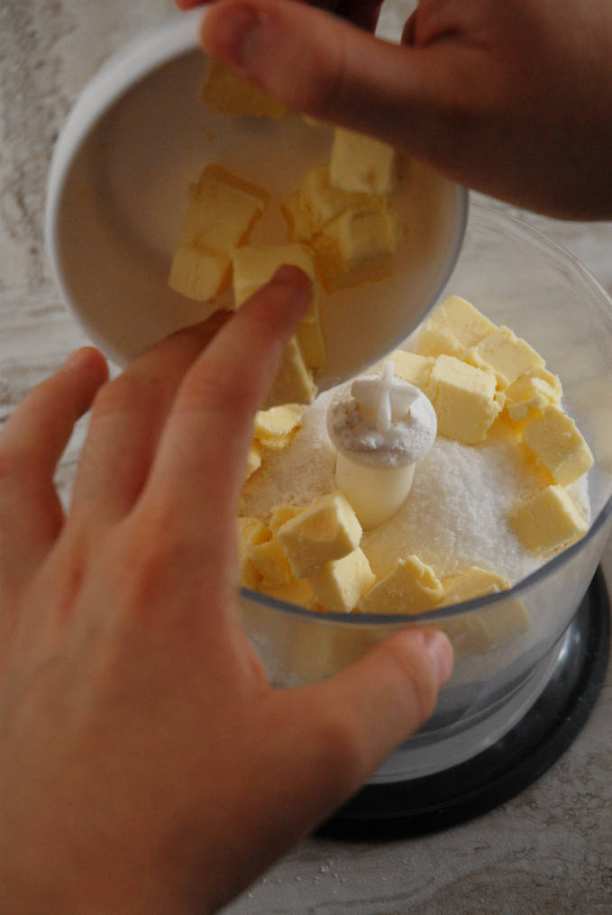 Combining butter with dry ingredients for tart dough using a food processor--click to get instructions on how to make PERFECT PIE & TART DOUGH every time!
