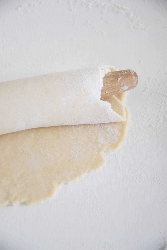 Loosely wrapping the pie dough around a rolling pin helps in transferring it to a pie plate--click to get a step-by-step photo tutorial on lattice pie crusts, so you can make them easily!