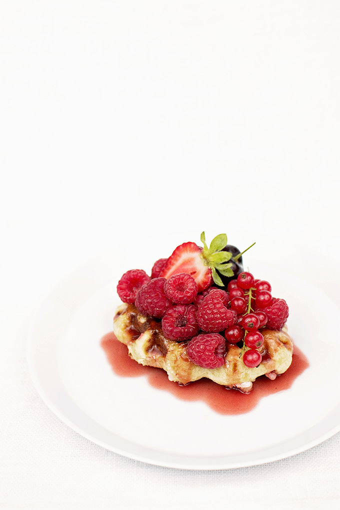 Liège waffles with red fruit and sour cherry sauce