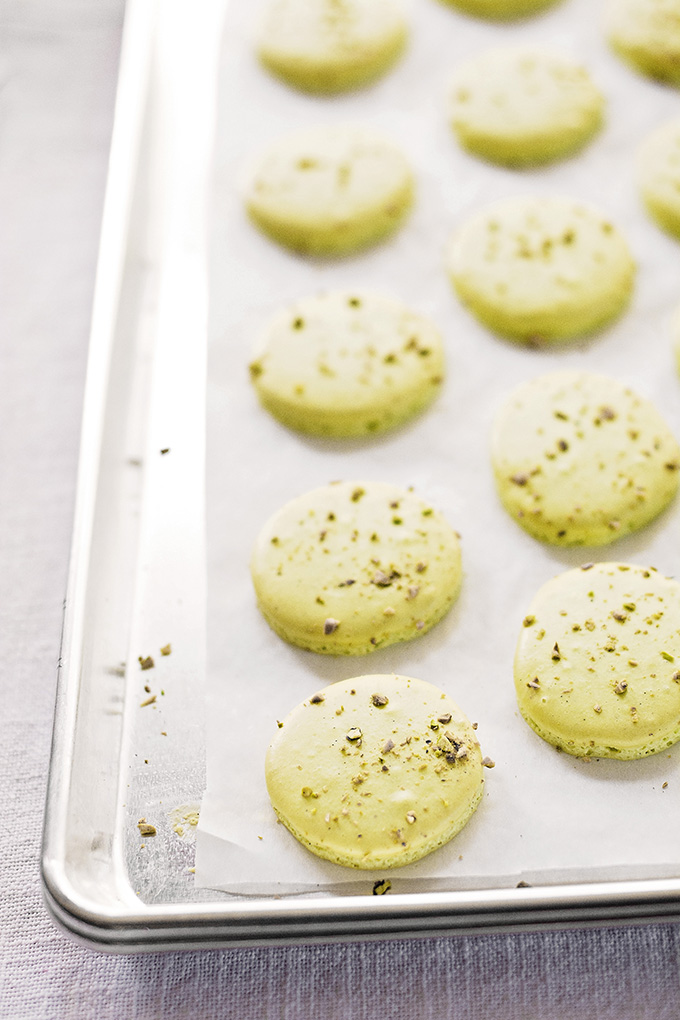 Pistachio French macarons, fresh from the oven